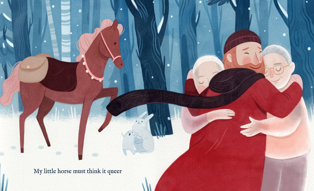 Illustration of two people hugging with a horse and dog in a snowy forest.