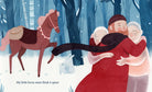 Illustration of two people hugging with a horse and dog in a snowy forest.
