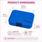 Blue product box with dimensions and weight information on a white background