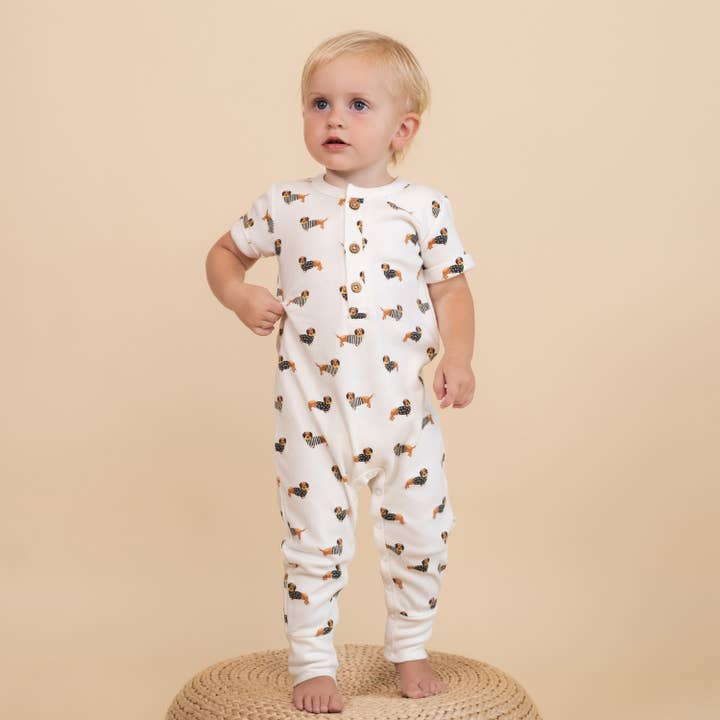 Organic Short Sleeve Button Romper - Dog by Makemake Organics