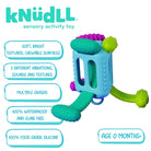 Möbi kNüdLL sensory activity toy alongside feature callouts listing soft, bright, chewable surfaces, 3 different vibrations, sounds and textures, multiple grasps, 100% waterproof and gunk-free, 100% food grade silicone, and age 0 months+.