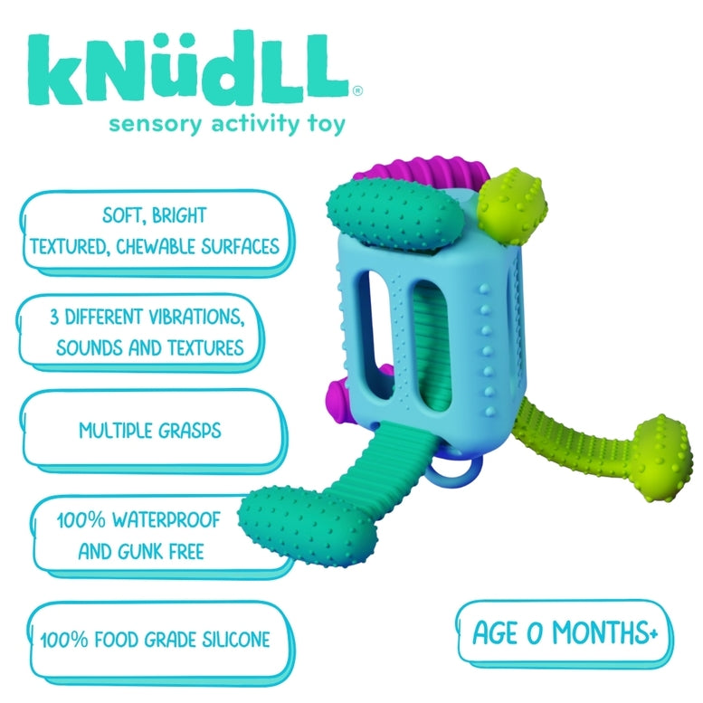 Möbi kNüdLL sensory activity toy alongside feature callouts listing soft, bright, chewable surfaces, 3 different vibrations, sounds and textures, multiple grasps, 100% waterproof and gunk-free, 100% food grade silicone, and age 0 months+.