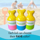Three colorful bottles with mermaid tails on a beach background, labeled 'Sun-Easy'.