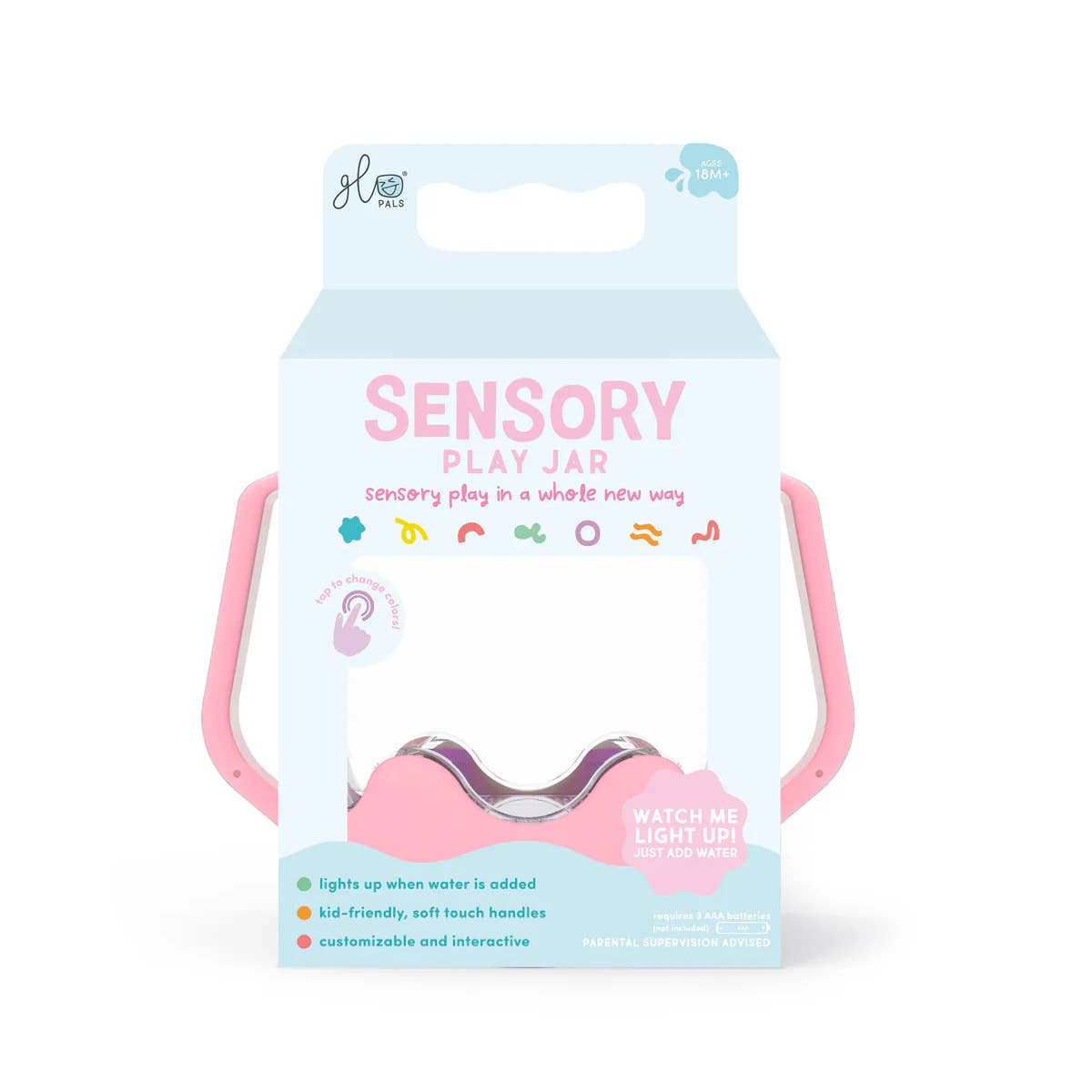The retail packaging box for the H2O Play 'Sensory Play Jar' on a clean white background. The box is light blue and pink, featuring a clear window that shows the pink plastic jar with a light-up LED inside.