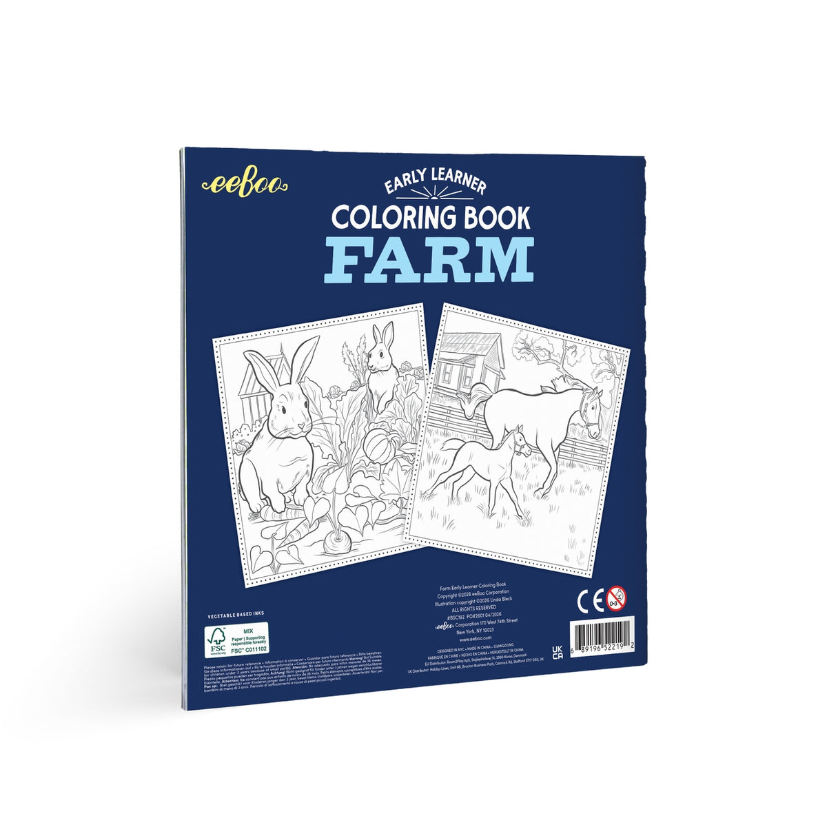 Coloring book for children titled 'Farm' by eeBoo on a white background