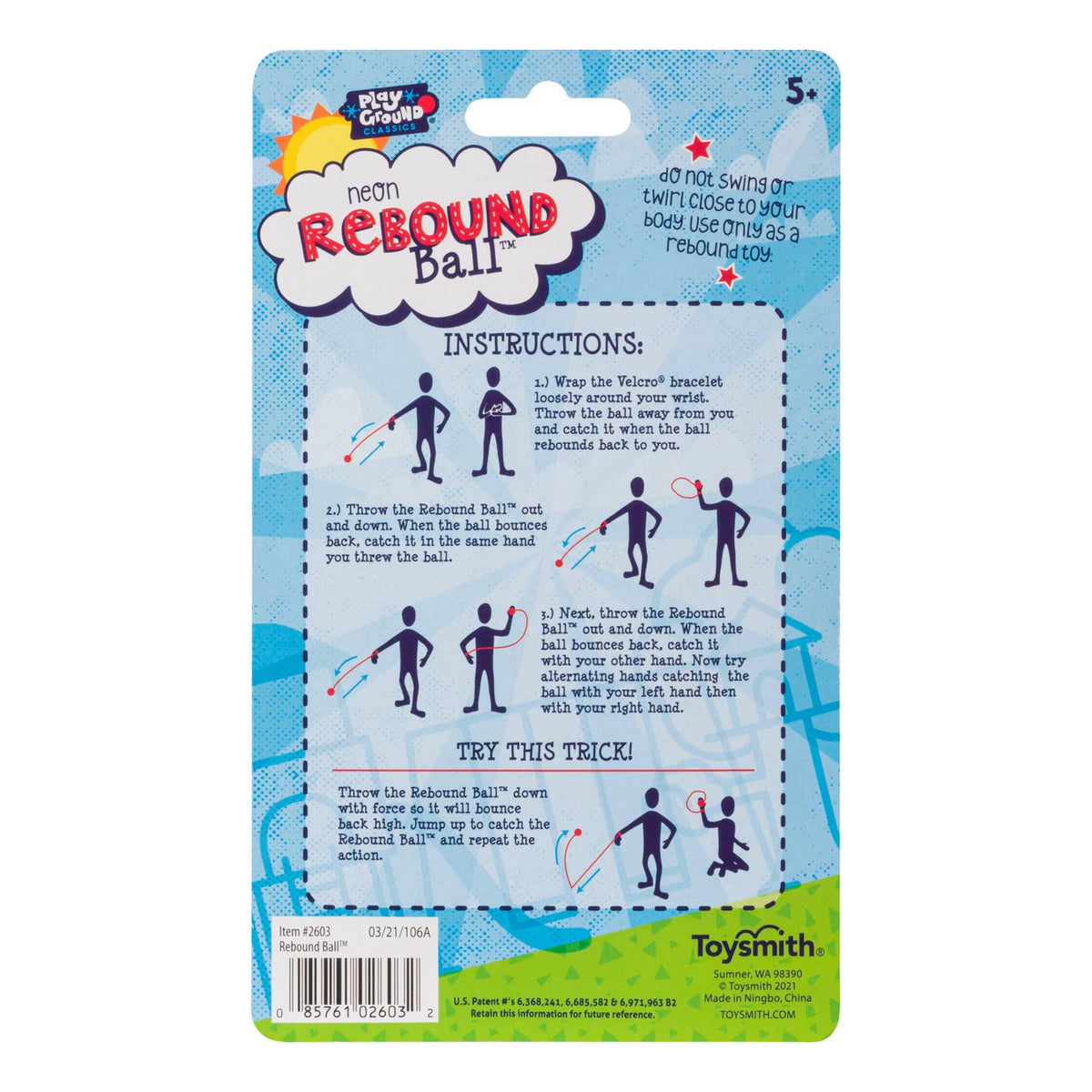 Neon Rebound Ball packaging with instructions and branding on a white background