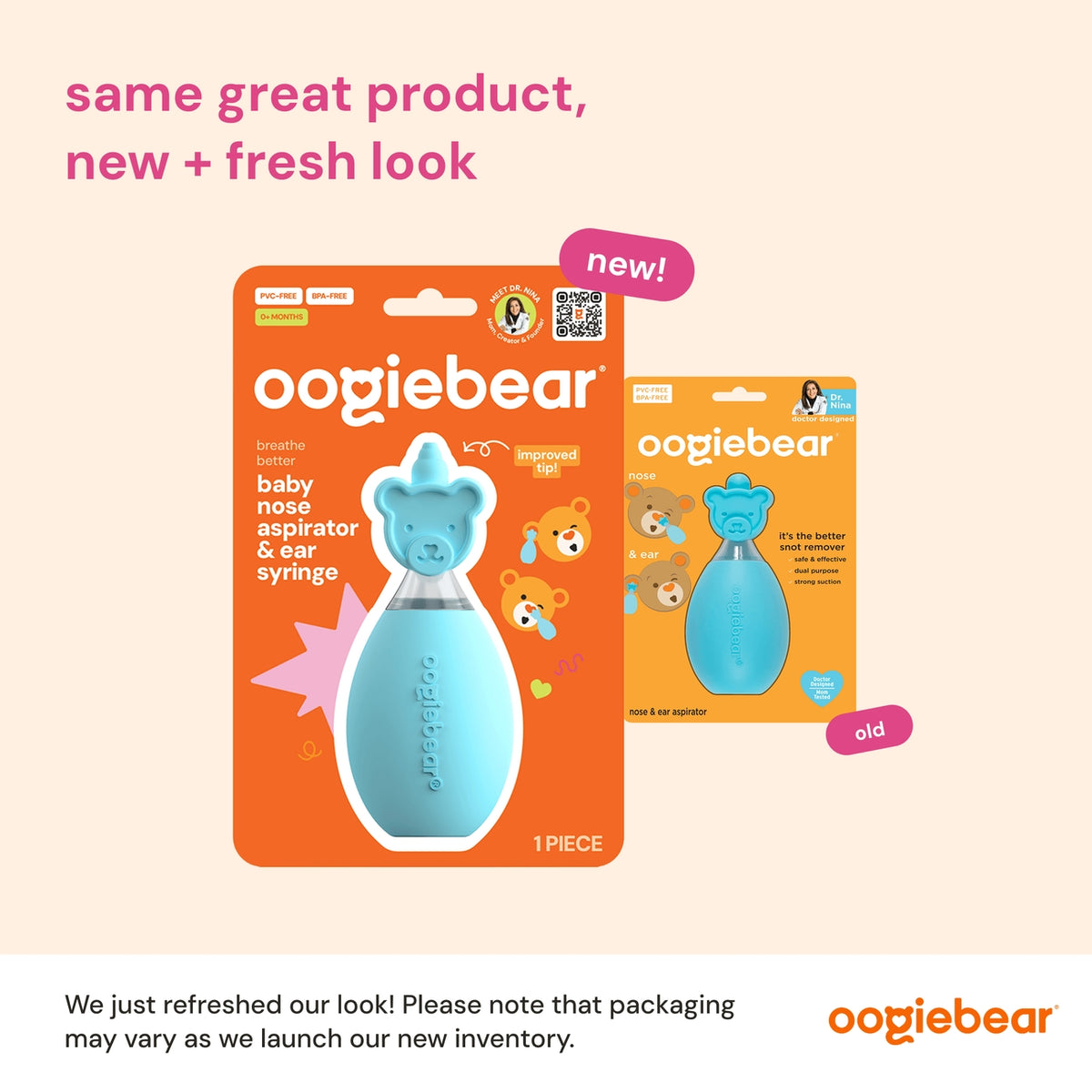 Oogiebear baby nose aspirator packaging with new and old designs on a beige background
