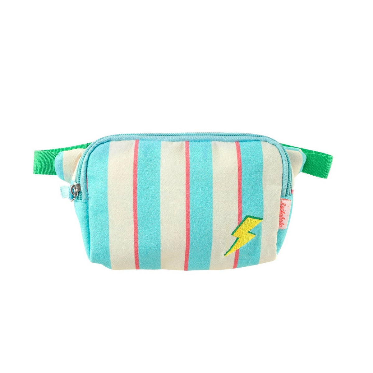 Striped waist bag with a lightning bolt design on a white background