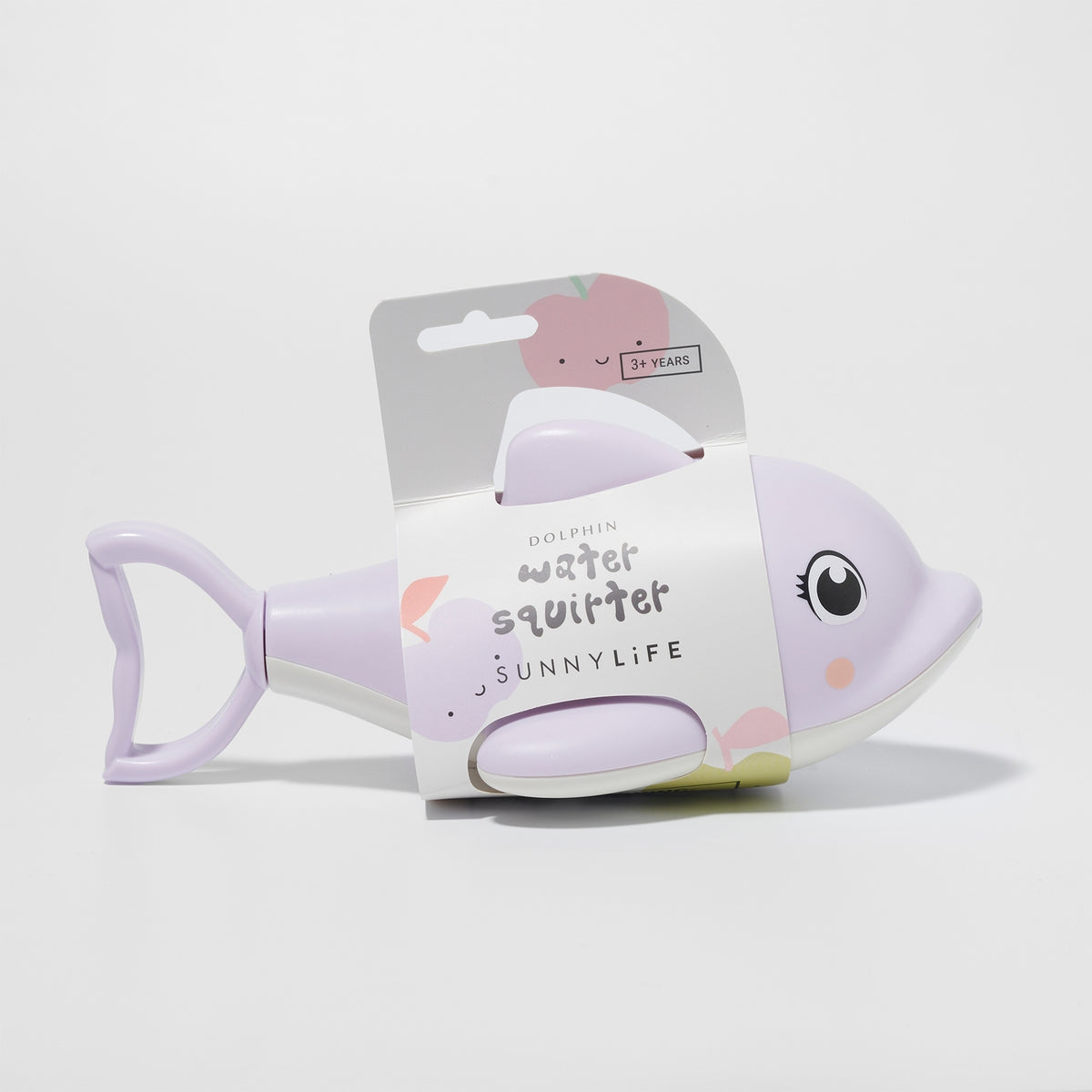 Purple dolphin-shaped water squirter with packaging on a white background