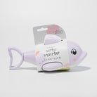 Purple dolphin-shaped water squirter with packaging on a white background