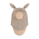 A felt animal-style hood or mask with upright ears and a curved brim, shown from the back on a plain white background. The outer fabric is a warm taupe-beige, and the inner lining is a lighter cream-beige.