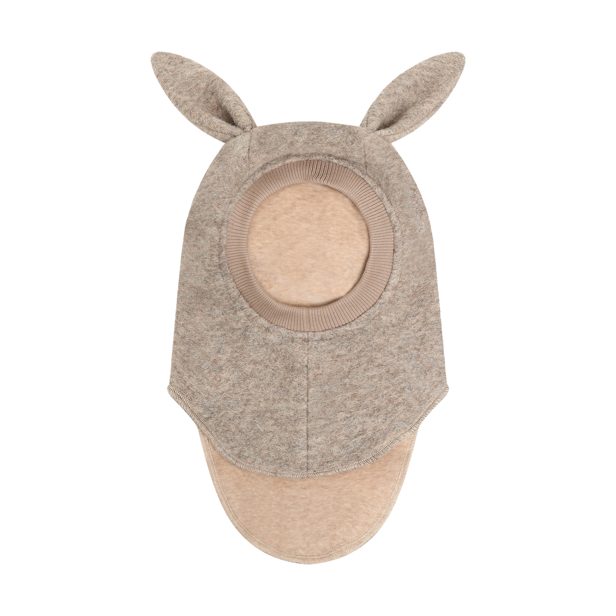 A felt animal-style hood or mask with upright ears and a curved brim, shown from the back on a plain white background. The outer fabric is a warm taupe-beige, and the inner lining is a lighter cream-beige.