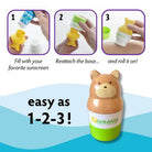 Instructions for using a bear-shaped sunscreen applicator with text 'easy as 1-2-3!'.