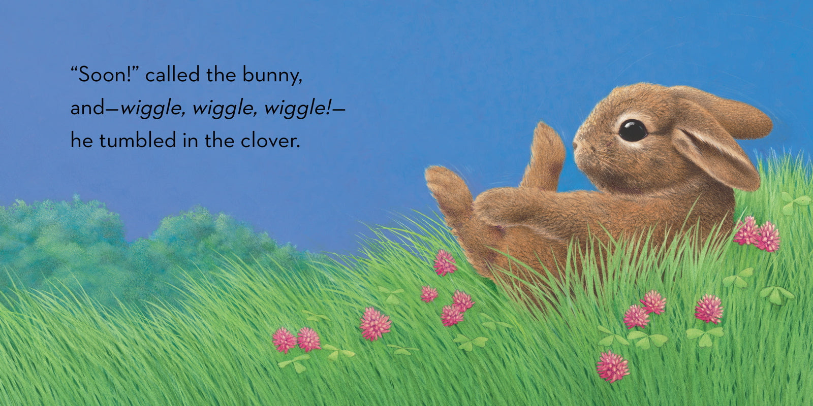 Illustration of a bunny tumbled in clover with text on a blue background