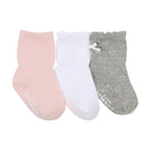 Three pairs of baby ankle socks in light pink, white, and heather gray, arranged side-by-side on a plain white background. The pink and gray socks feature a subtle tonal pattern, and the white pair has a small white bow at the top.