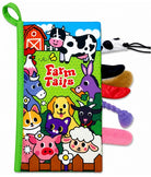 A children's fabric book or toy titled 'Farm Tails' with a colorful cartoon farm illustration on the front cover, a green hanging loop, and several plush fabric tails in black, white, brown, red, purple, and pink extending from the side, shown on a white background.
