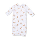 A long-sleeve baby sleep sack with an all-over print of playful foxes in shades of brown on a white background.
