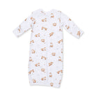 A long-sleeve baby sleep sack in white fabric, featuring an all-over print of small brown and beige foxes.