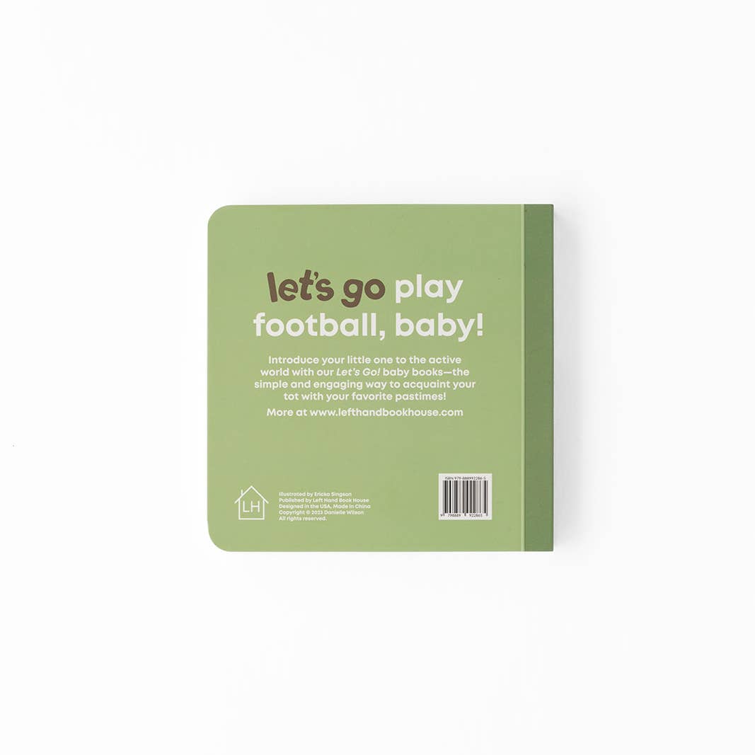 Green book cover with text 'let's go play football, baby!' on a white background