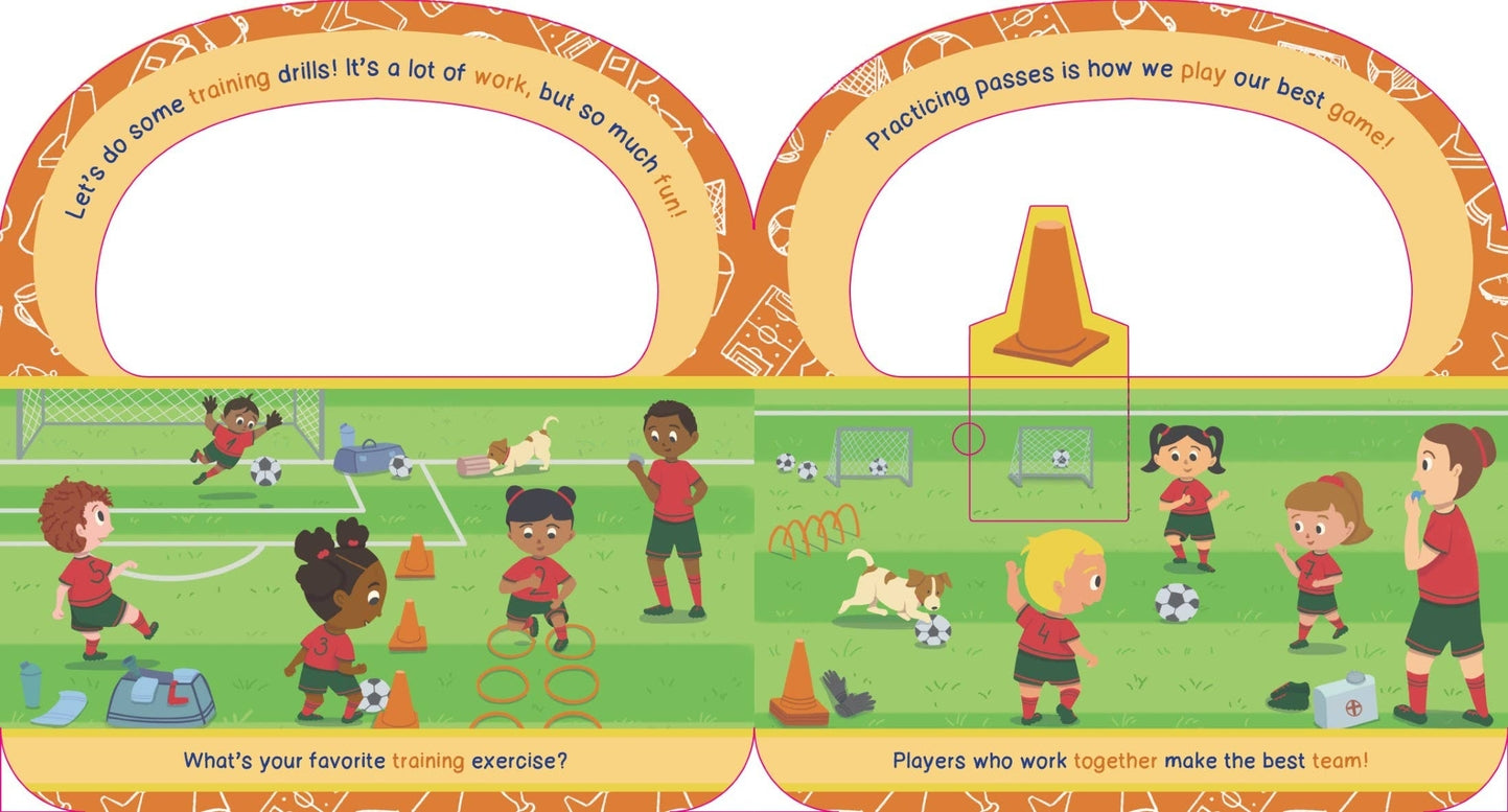 A children's activity book or educational poster spread featuring soccer-themed illustrations, with cartoon children playing on a green field, orange arches with text, and training drills depicted in the scene.