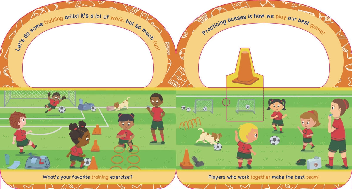 A children's activity book or educational poster spread featuring soccer-themed illustrations, with cartoon children playing on a green field, orange arches with text, and training drills depicted in the scene.