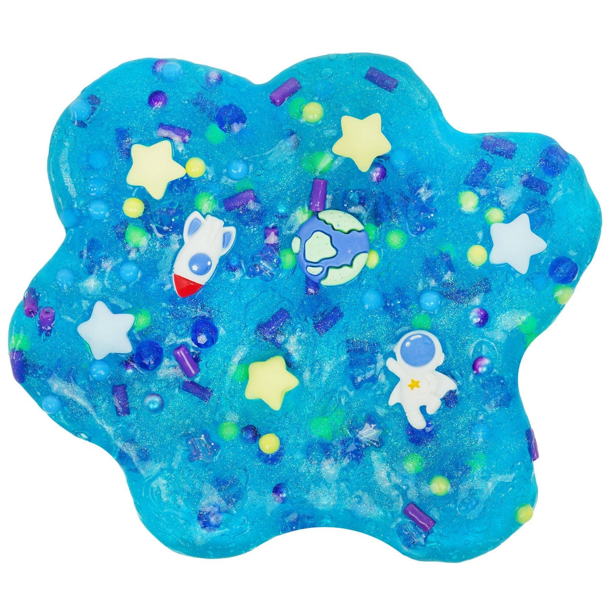 Blue slime with space-themed decorations on a white background