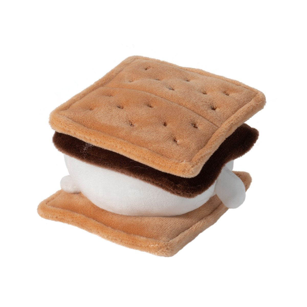 Plush toy resembling a s'mores sandwich with brown cookies and white filling on a white background