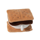 Plush toy designed like a s'more with brown 'bread', white 'chocolate', and brown 'marshmallow' on a white background.