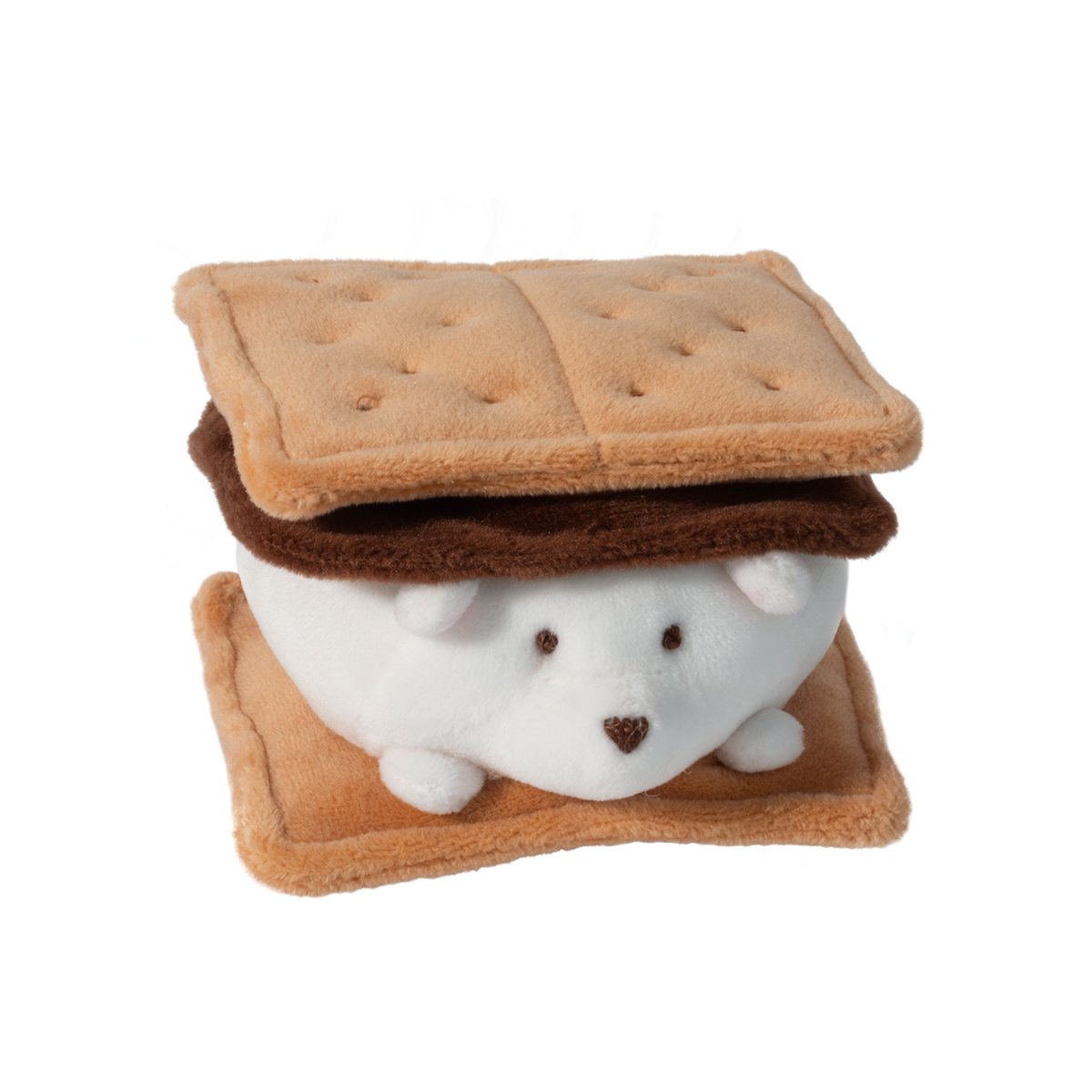 Plush toy shaped like a s'more with a bear inside on a white background