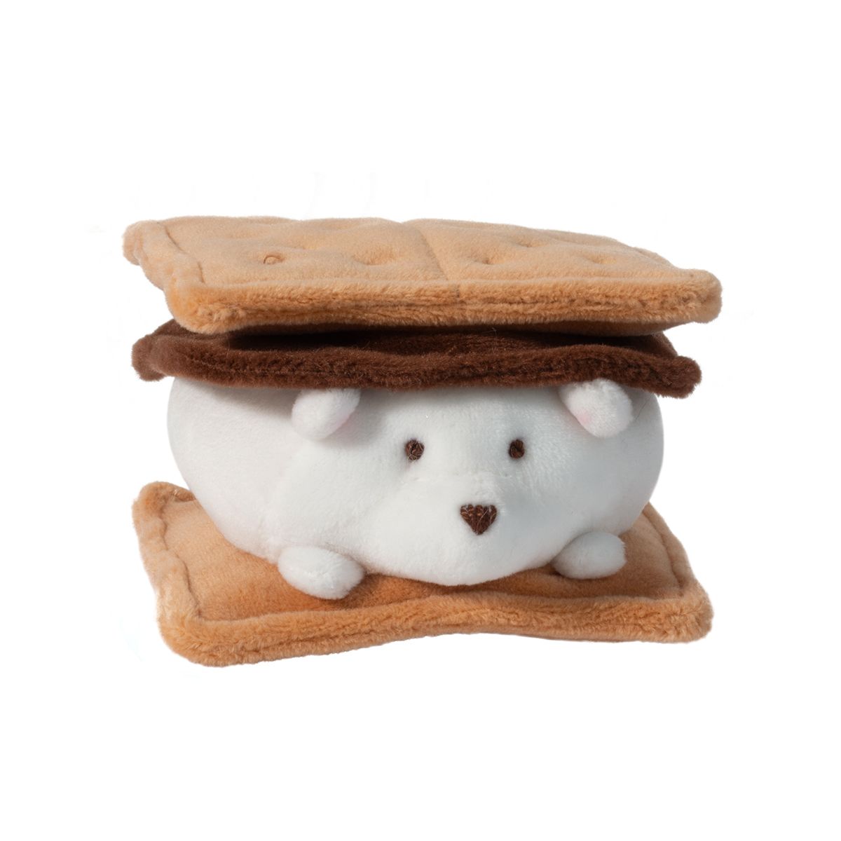 Plush toy shaped like a dog inside a s'mores sandwich on a white background