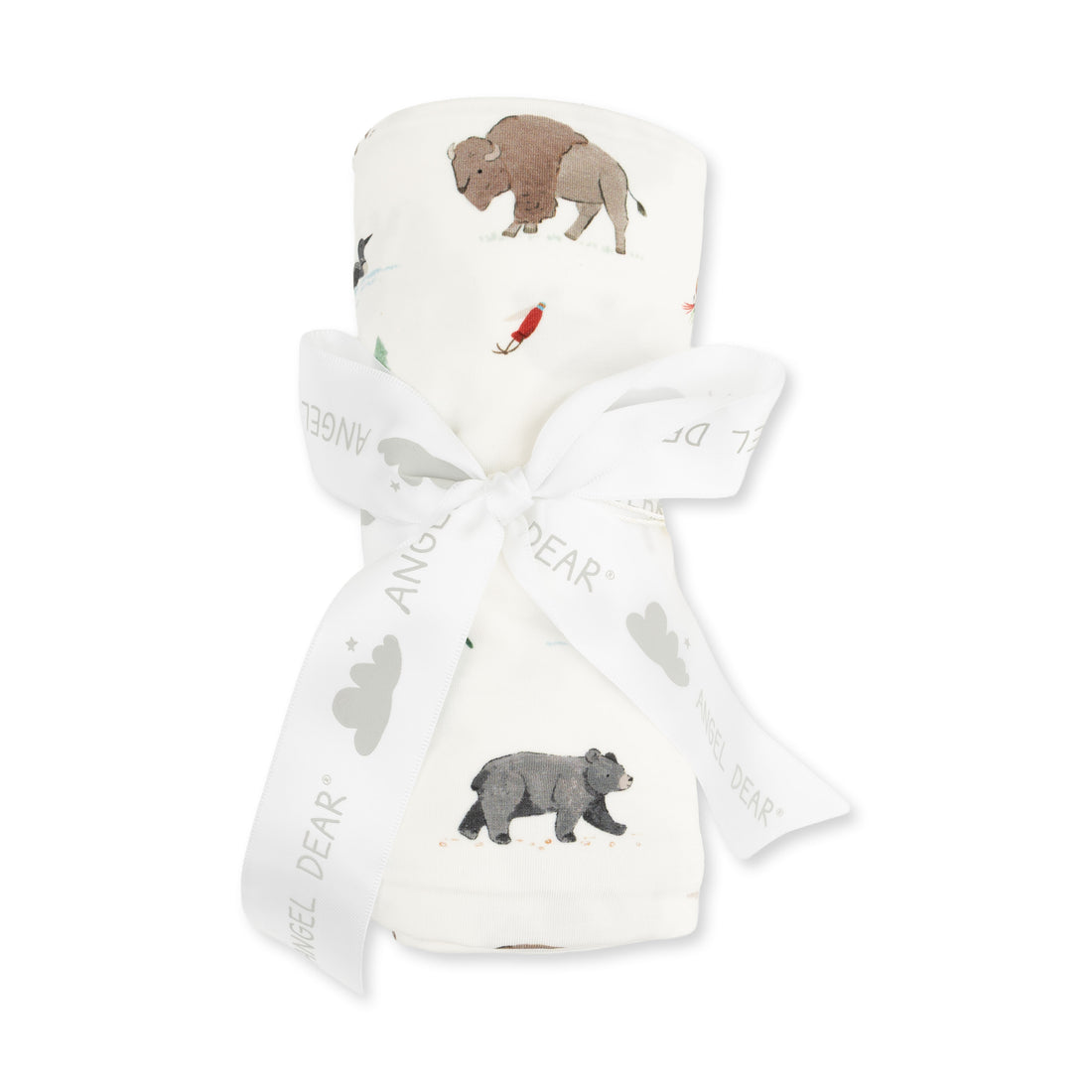 A folded white baby blanket with a printed woodland pattern of a bison, bear, and a small red bird, tied with a white ribbon printed with the Angel Dear brand name.