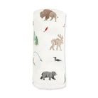 A rolled-up white baby blanket featuring a rustic woodland animal print with a bison, moose, bear, duck, and trees.
