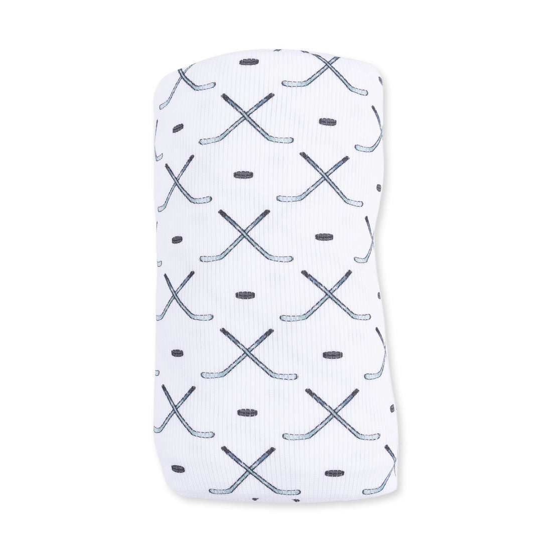 A white ribbed knit baby blanket featuring a repeating pattern of crossed hockey sticks and hockey pucks in dark gray, shown on a plain white background.