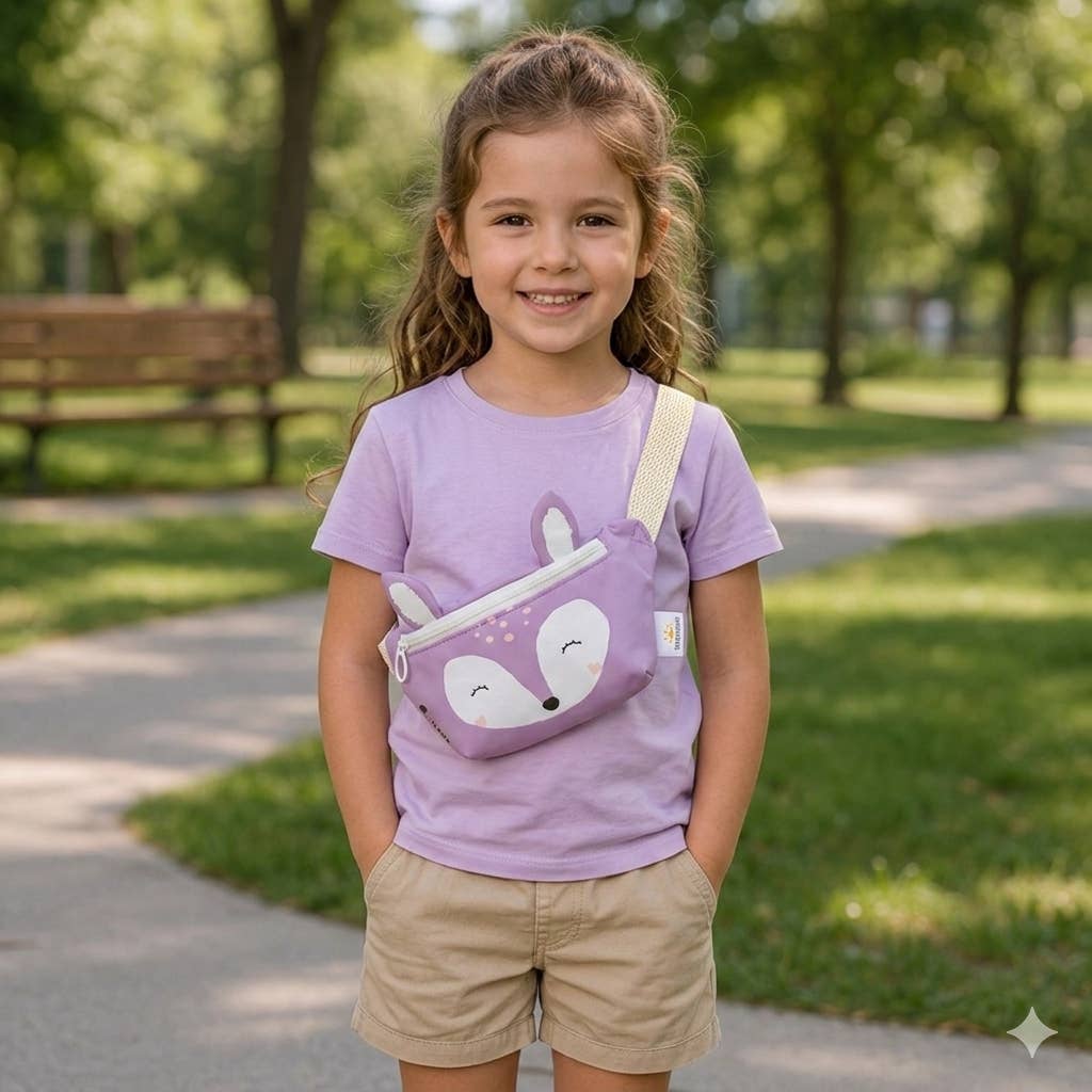 Young girl wearing a purple t-shirt with a fox design in a park
