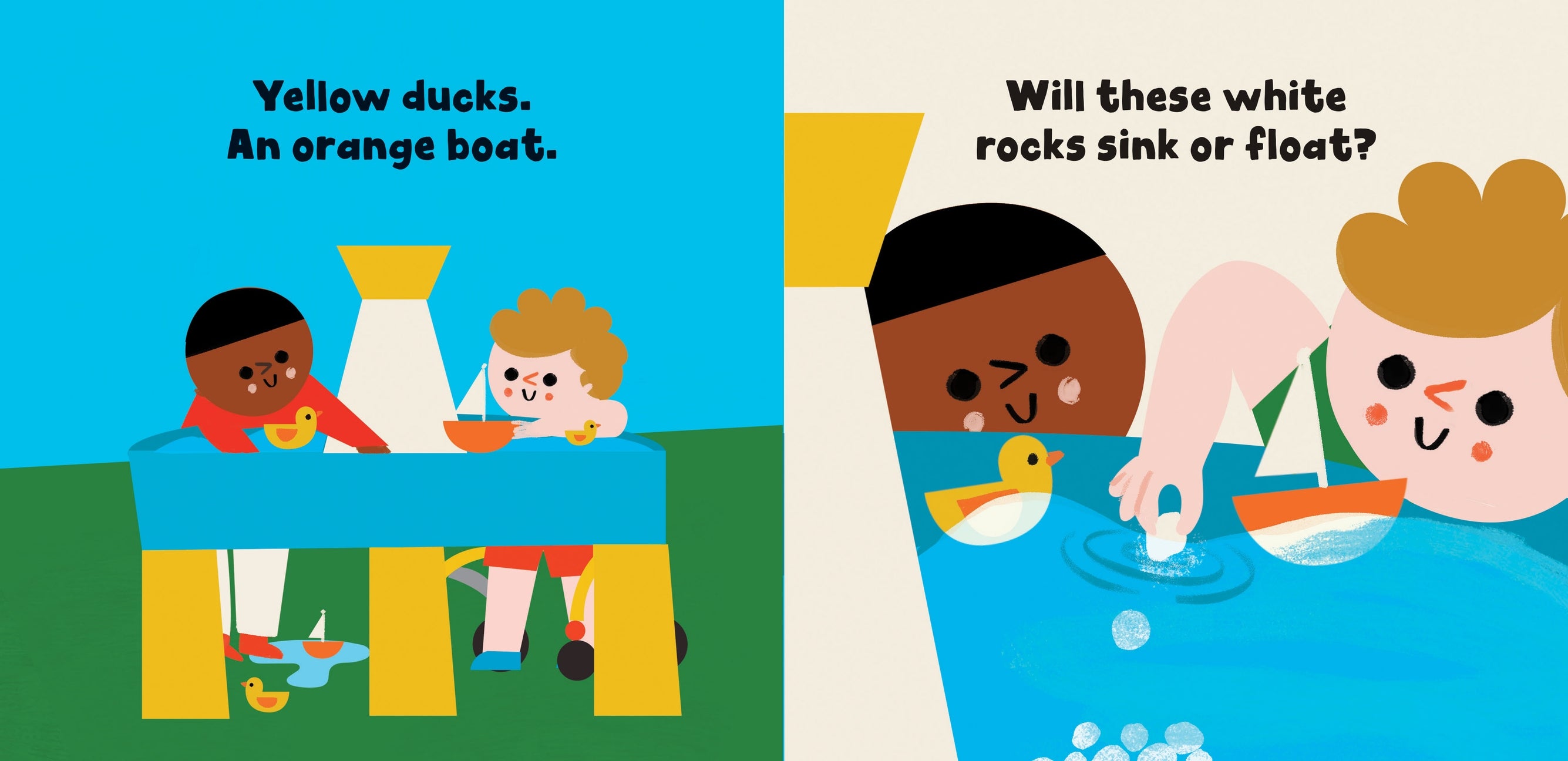 Illustrated book pages with children playing and questions about yellow ducks and white rocks.