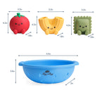 Three small toy figures and a blue bowl with dimensions labeled on a white background