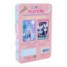 Back view of the "Enchanted Magnetic Playtime" tin by Floss & Rock, showing a pink design with product details, a preview of the inside scenes, and a barcode.