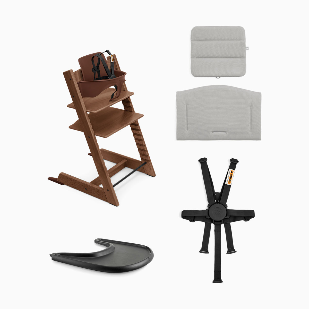 Collage of a wooden high chair with accessories on a white background