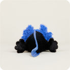 A black and blue Axolotl Junior plush toy by Warmies, viewed from the back, showing its soft black body, vibrant blue feathery external gills, and a blue-tipped tail.