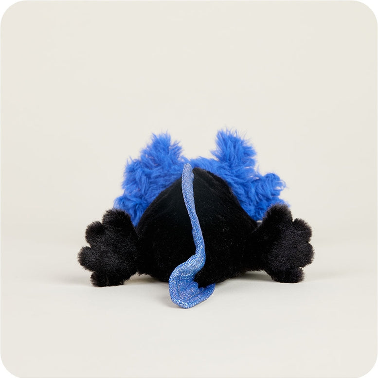 A black and blue Axolotl Junior plush toy by Warmies, viewed from the back, showing its soft black body, vibrant blue feathery external gills, and a blue-tipped tail.