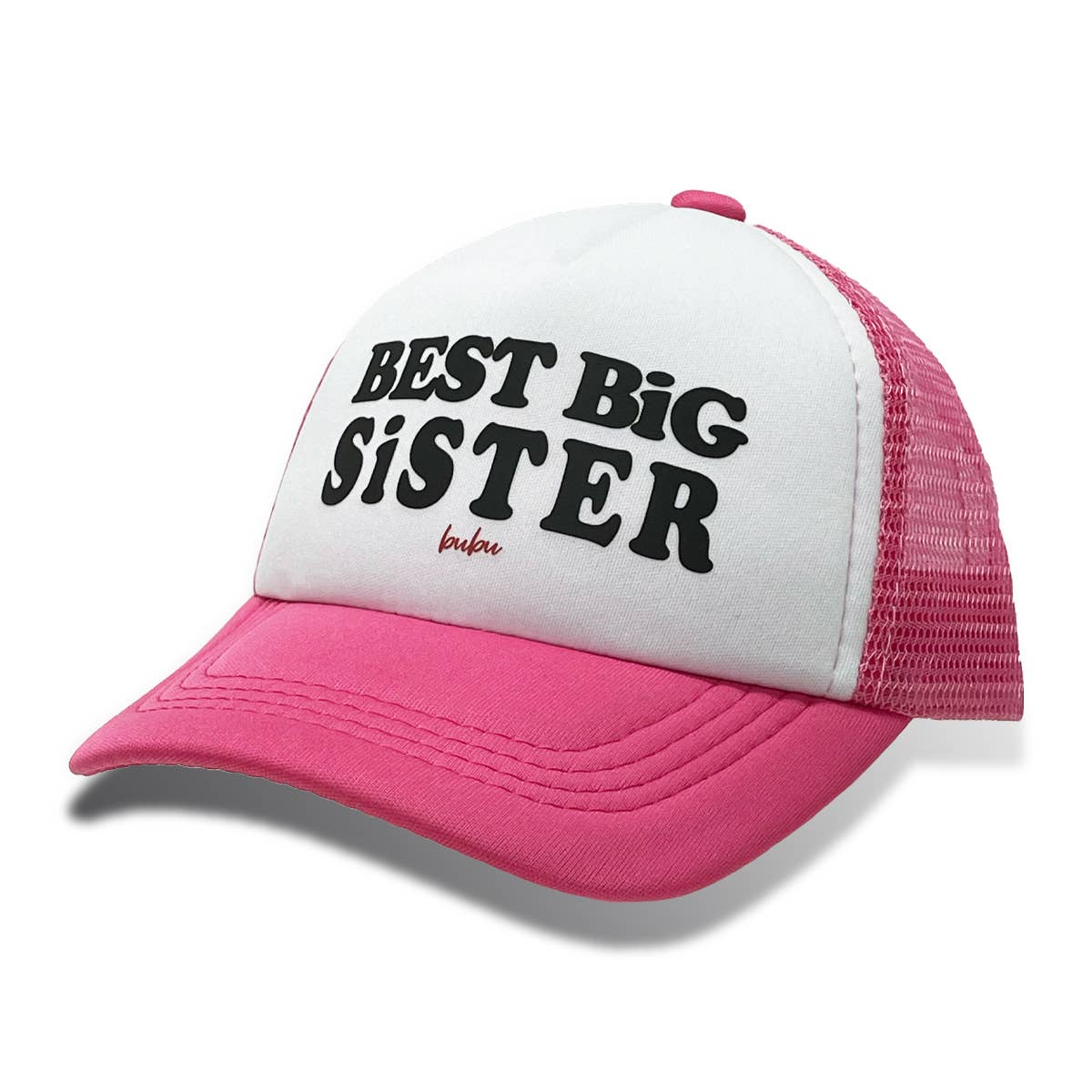 Pink and white cap with 'BEST BIG SISTER' text on a white background