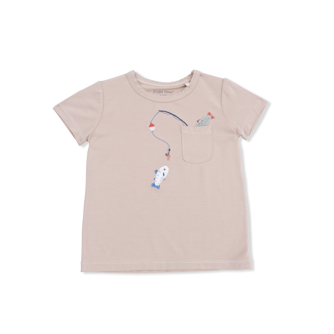 Beige t-shirt with embroidered designs on a white background