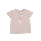 Beige t-shirt with embroidered designs on a white background