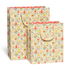 Two gift bags with a colorful animal pattern on a white background