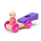 Wooden toy car with pink wheels and a purple box on a white background