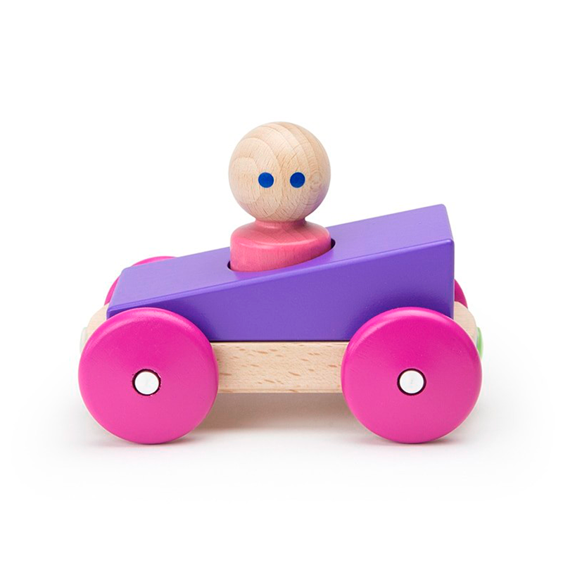 Wooden toy car with pink wheels and a purple body on a white background