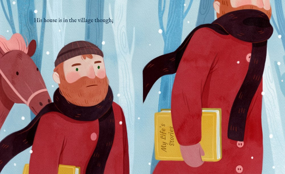 Illustration of a man in a red coat with a horse, set against a snowy village background.