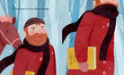 Illustration of a man in a red coat with a horse, set against a snowy village background.