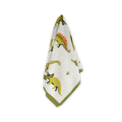 Organic Cotton Jacquard Sweater Knit Baby Blanket - Green Dinosaurs by Viverano Organics