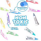 Collection of colorful crayons with text highlighting features on a white background